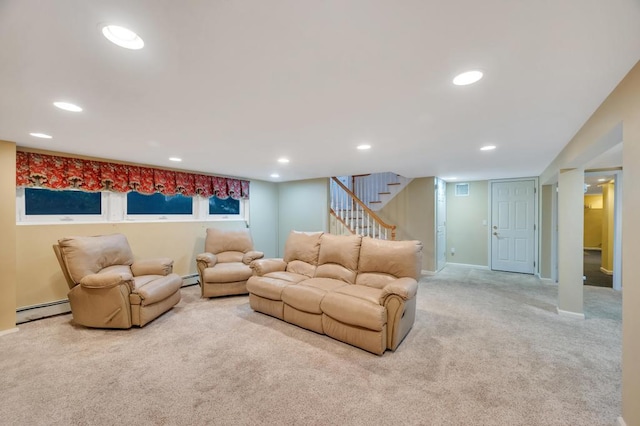 carpeted living area featuring recessed lighting, a baseboard radiator, baseboards, and stairway