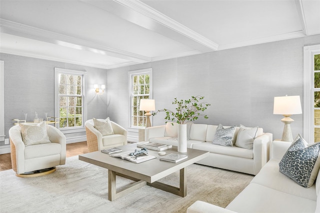 living area featuring wood finished floors and ornamental molding