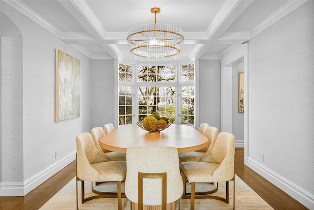 dining space featuring wood finished floors, baseboards, coffered ceiling, and a chandelier