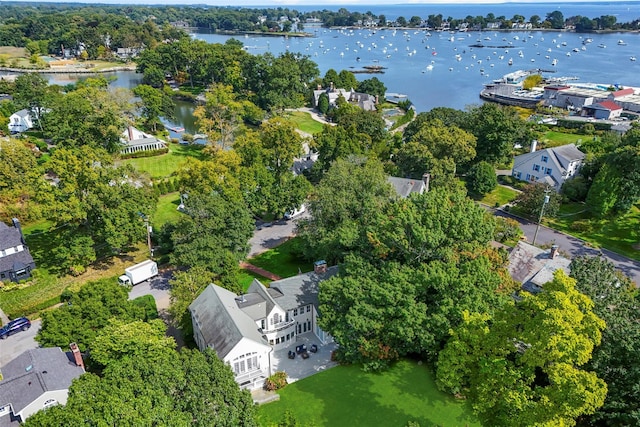 birds eye view of property featuring a water view