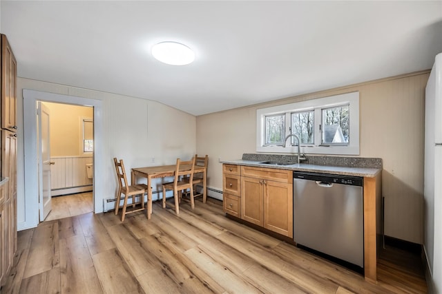 kitchen featuring dishwasher, a baseboard radiator, light wood-style floors, a baseboard heating unit, and a sink