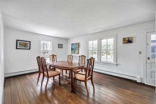 dining space featuring a baseboard heating unit and dark wood-type flooring