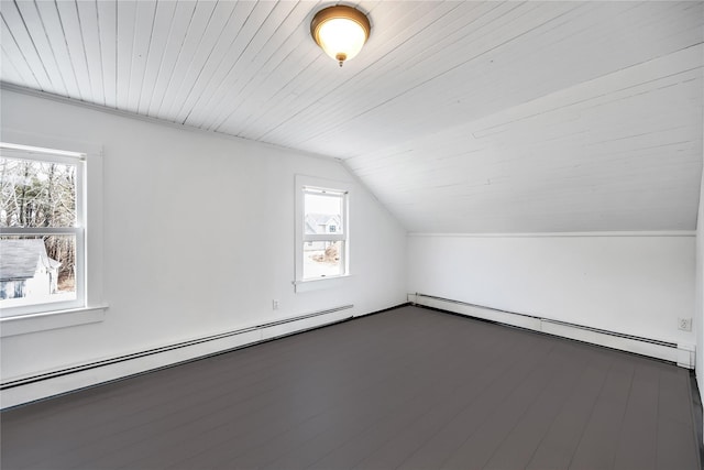 additional living space featuring lofted ceiling, baseboard heating, and wood finished floors