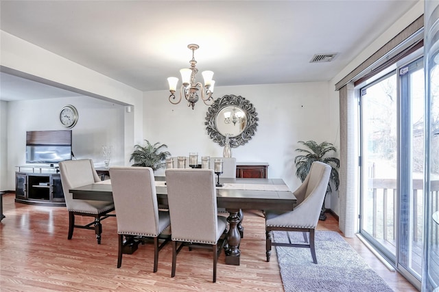 dining space with visible vents, wood finished floors, a healthy amount of sunlight, and a chandelier