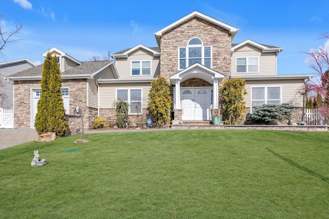 view of front of home with a front yard, fence, and stone siding