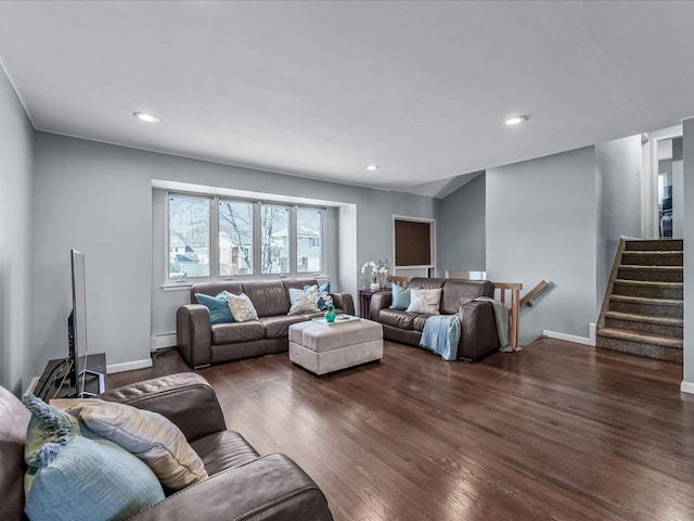 living area with stairs, recessed lighting, and wood finished floors