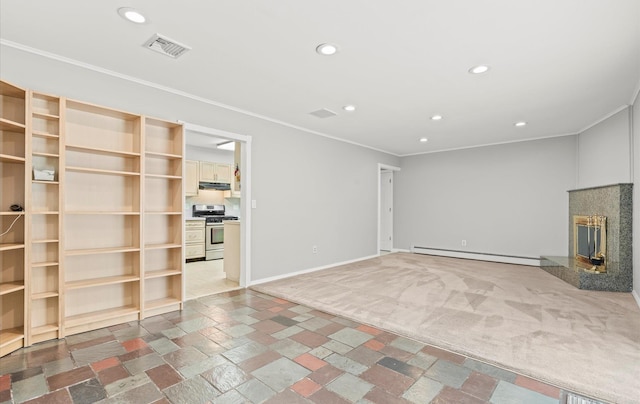 unfurnished living room featuring a baseboard heating unit, ornamental molding, visible vents, and recessed lighting