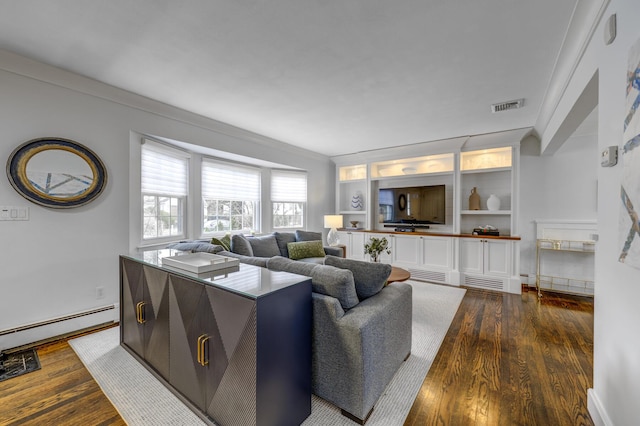 living area with dark wood-style floors, visible vents, baseboard heating, and ornamental molding