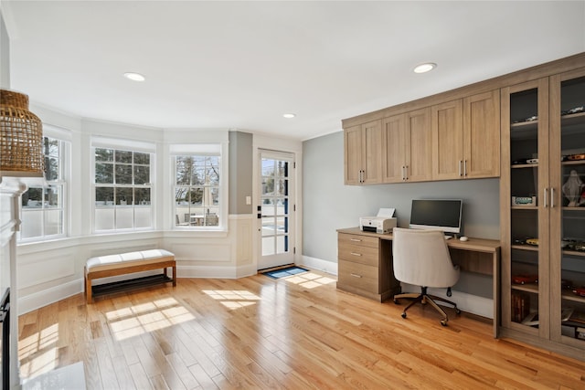 office with a wealth of natural light, light wood-style floors, and recessed lighting