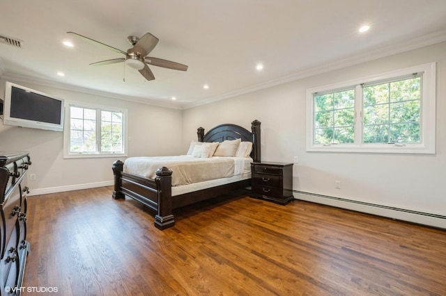 bedroom with dark wood-style flooring, baseboards, a baseboard radiator, visible vents, and ornamental molding