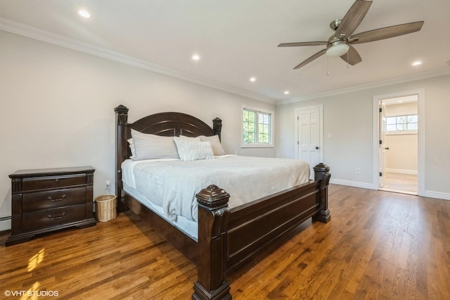 bedroom featuring crown molding, wood finished floors, baseboards, recessed lighting, and a ceiling fan