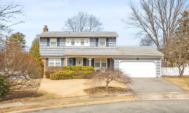 traditional home featuring aphalt driveway, fence, a garage, and a chimney