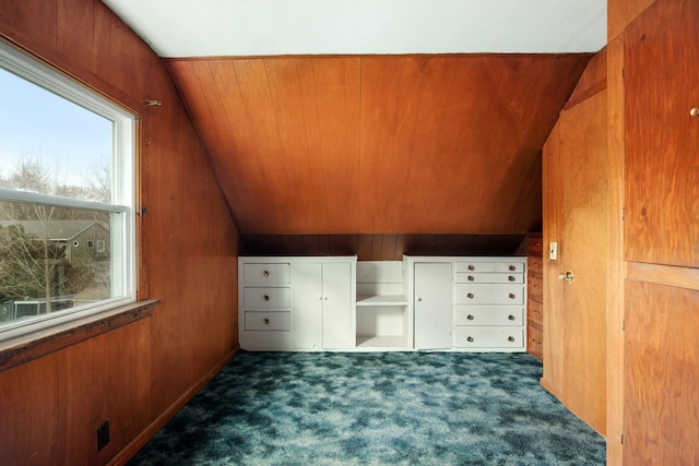 additional living space featuring lofted ceiling, carpet flooring, and wood walls