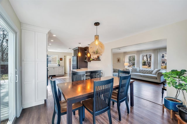 dining area featuring recessed lighting and dark wood-type flooring