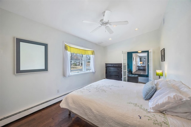 bedroom featuring a ceiling fan, wood finished floors, a baseboard radiator, recessed lighting, and vaulted ceiling