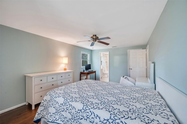 bedroom with visible vents, connected bathroom, ceiling fan, baseboards, and dark wood finished floors