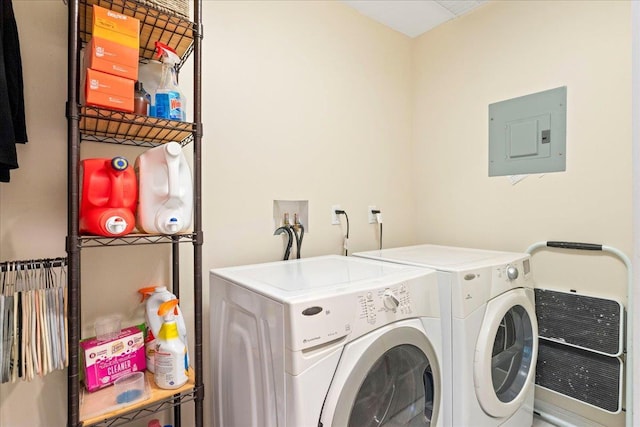 washroom featuring heating unit, laundry area, electric panel, and independent washer and dryer