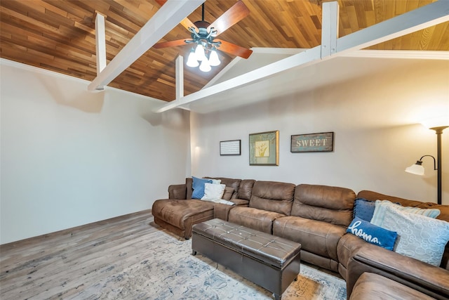 living area with a ceiling fan, wood finished floors, vaulted ceiling with beams, and wood ceiling