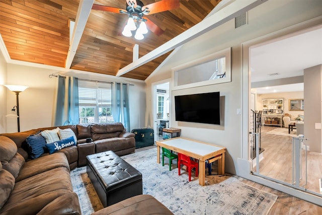 living room featuring visible vents, wooden ceiling, vaulted ceiling with beams, and wood finished floors