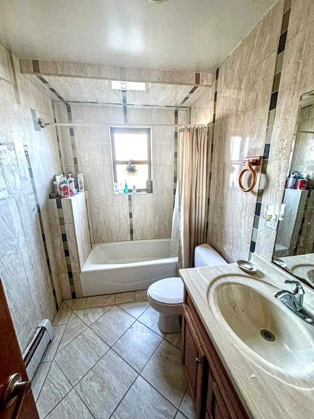 125-19 14th Ave, College Point, NY 11356 - bathroom with toilet, shower / bathtub combination with curtain, vanity, and a baseboard radiator