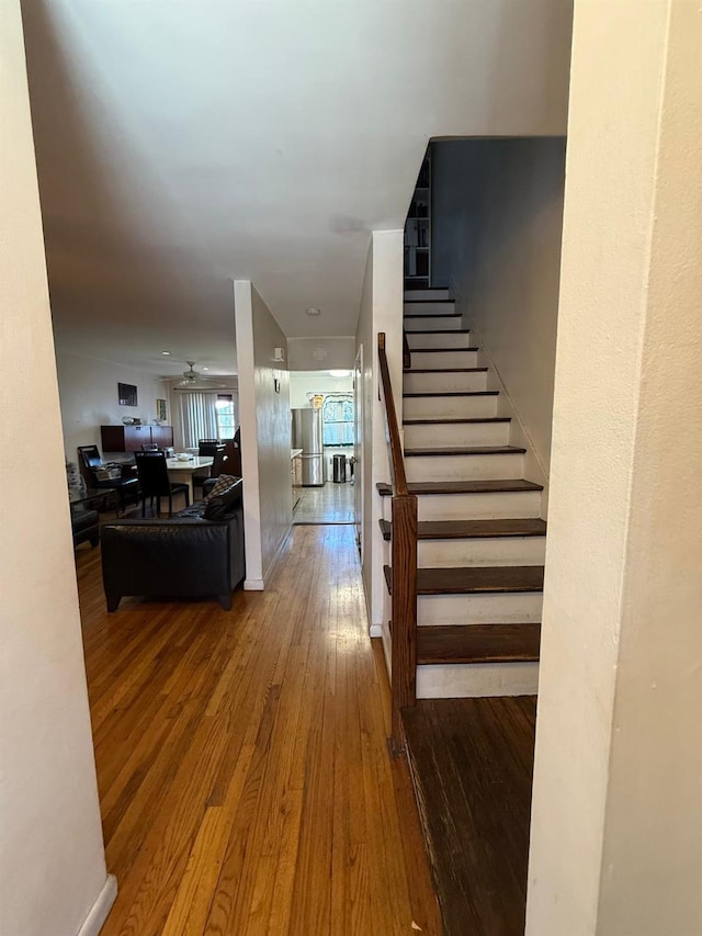 stairway with ceiling fan and hardwood / wood-style floors