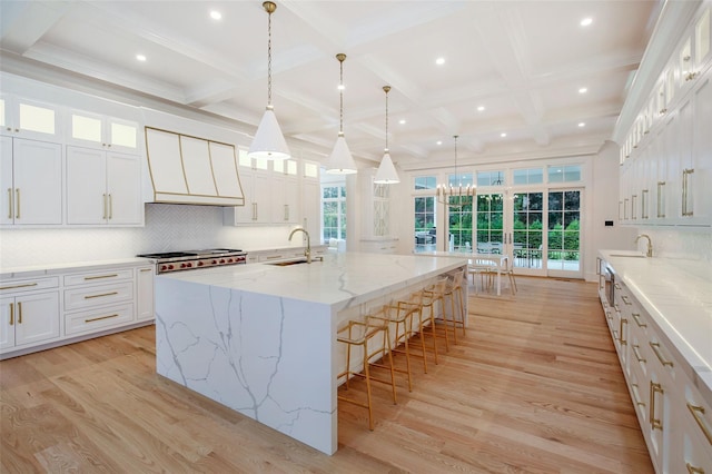 kitchen with custom exhaust hood, light wood finished floors, tasteful backsplash, and a sink