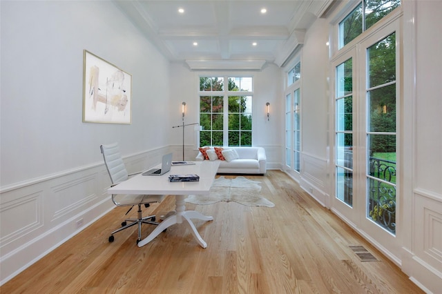 home office with beamed ceiling, visible vents, coffered ceiling, recessed lighting, and light wood finished floors