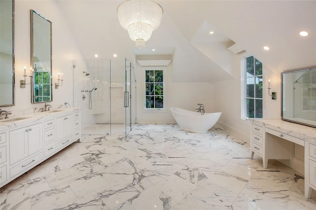 bathroom with a soaking tub, double vanity, plenty of natural light, a shower stall, and marble finish floor