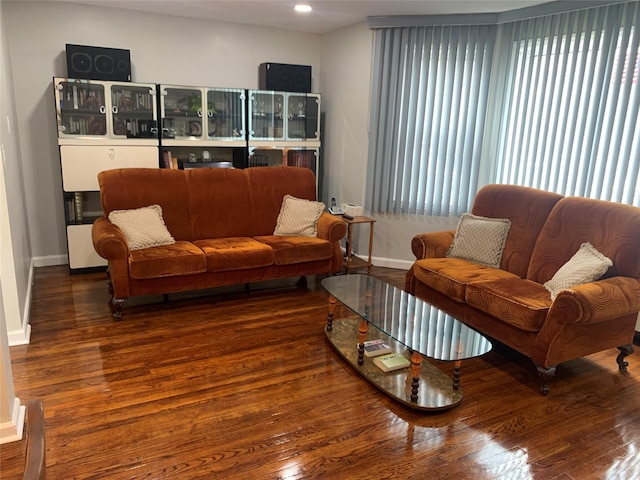 living area featuring baseboards, a healthy amount of sunlight, and wood finished floors