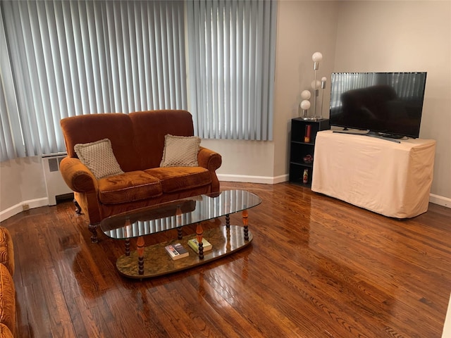 living room featuring baseboards, radiator, and wood finished floors