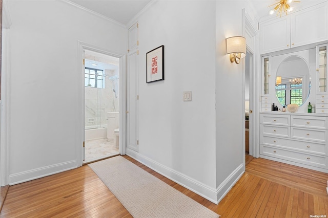 hallway featuring crown molding, baseboards, light wood-type flooring, and a wealth of natural light