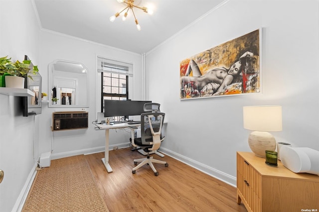 office area with crown molding, baseboards, a wall mounted air conditioner, wood finished floors, and a notable chandelier