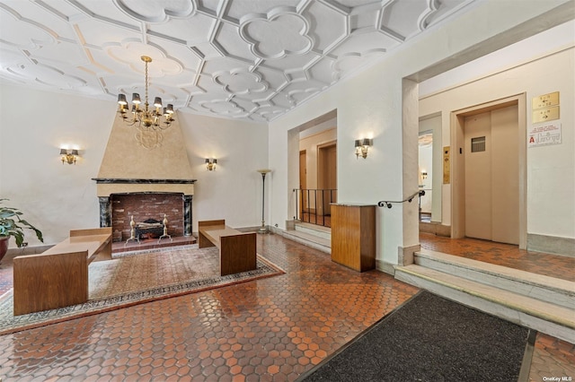 interior space featuring stairway, elevator, a fireplace, and a chandelier