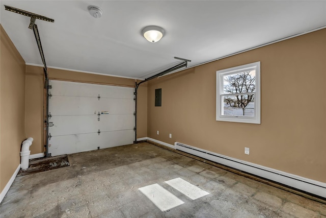 garage featuring electric panel, baseboards, and a baseboard radiator