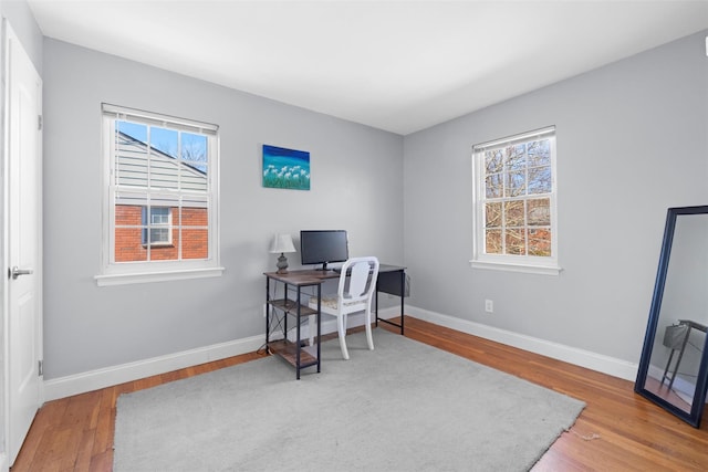 office with wood finished floors and baseboards