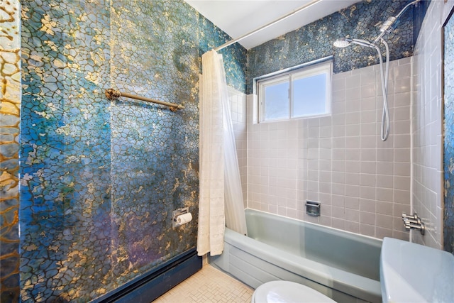 full bathroom with tile patterned flooring, toilet, and shower / bathtub combination with curtain