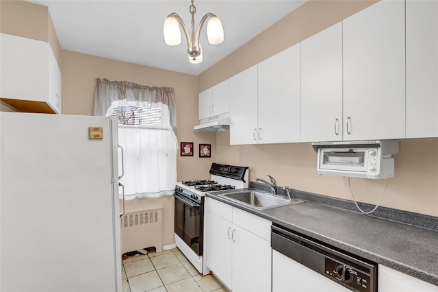 kitchen featuring range with gas cooktop, dishwasher, radiator heating unit, freestanding refrigerator, and a sink