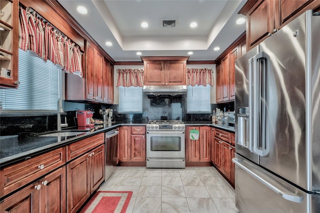 kitchen with visible vents, under cabinet range hood, appliances with stainless steel finishes, a raised ceiling, and a sink