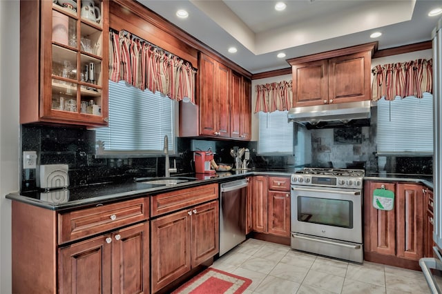 kitchen featuring under cabinet range hood, appliances with stainless steel finishes, dark countertops, and a sink