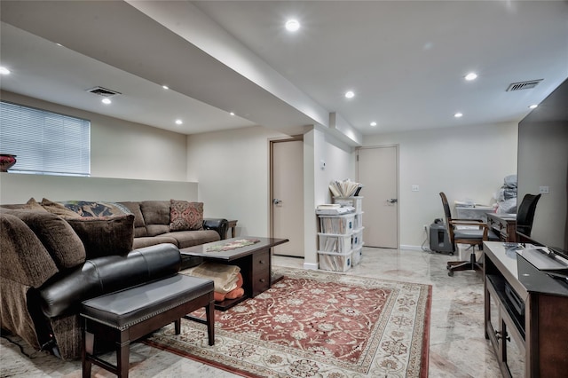 living area with recessed lighting, visible vents, marble finish floor, and baseboards