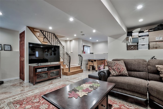 living area featuring visible vents, stairway, recessed lighting, and marble finish floor