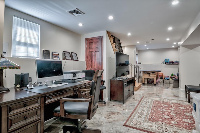 home office featuring recessed lighting, visible vents, marble finish floor, and baseboards