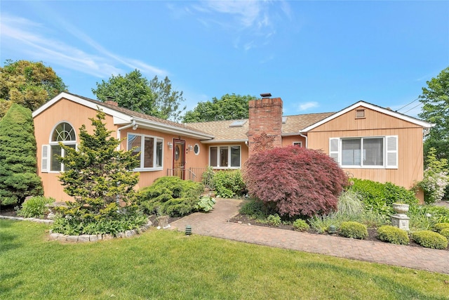 48 Crows Nest Dr, Baiting Hollow, NY 11901 - single story home featuring a chimney, a front lawn, and roof with shingles