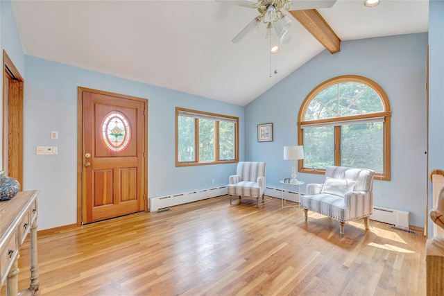 48 Crows Nest Dr, Baiting Hollow, NY 11901 - foyer entrance featuring a baseboard heating unit, light wood-type flooring, a ceiling fan, and recessed lighting