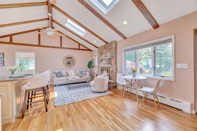 48 Crows Nest Dr, Baiting Hollow, NY 11901 - living room with a skylight, plenty of natural light, beamed ceiling, light wood-type flooring, and high vaulted ceiling