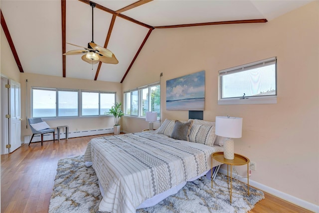 48 Crows Nest Dr, Baiting Hollow, NY 11901 - bedroom with wood finished floors, high vaulted ceiling, baseboards, and beam ceiling