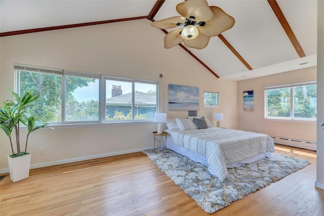 48 Crows Nest Dr, Baiting Hollow, NY 11901 - bedroom featuring a baseboard radiator, high vaulted ceiling, baseboards, light wood-style floors, and beam ceiling