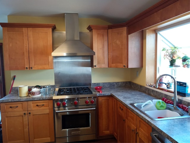 kitchen featuring a sink, dishwashing machine, wall chimney exhaust hood, and premium stove