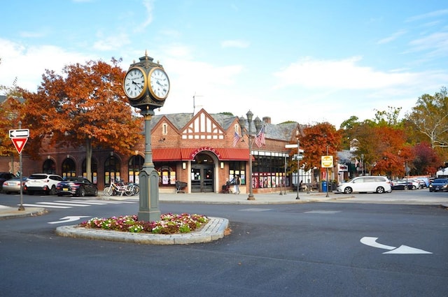 view of street with street lights, traffic signs, and curbs