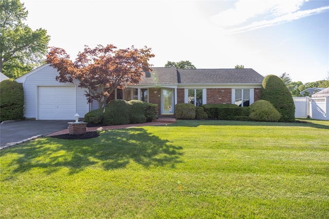 ranch-style house with brick siding, a front lawn, fence, roof with shingles, and an attached garage